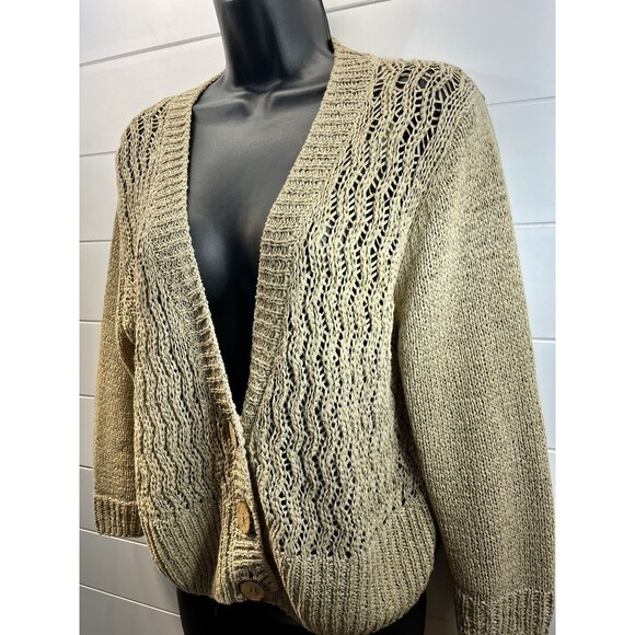 VTG Y2K Chunky Open Knit Lagenlook Slouchy Cardigan Sweater Womens L/XL Khaki - Picture 2 of 10